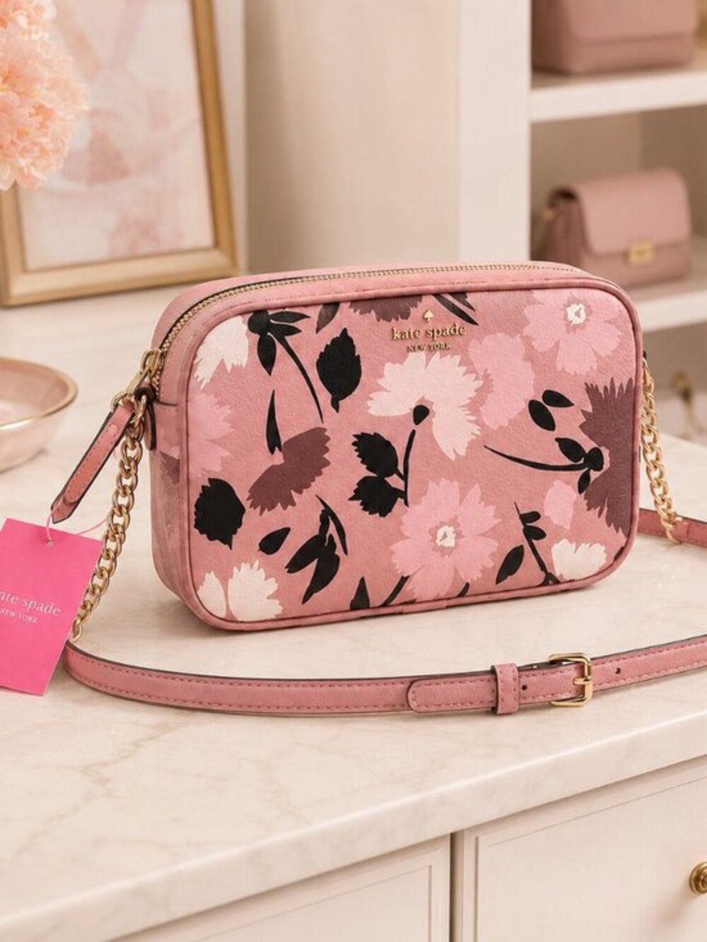 Kate Spade Floral Pebbled Leather Crossbody Pink Center Divider NWT